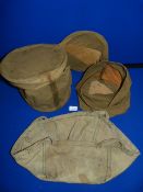 Two Cylindrical Canvas Bags with Wooden Tops and Bottoms and a Canvas Bucket
