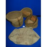 Two Cylindrical Canvas Bags with Wooden Tops and Bottoms and a Canvas Bucket