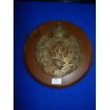 Large Brass Plaque on Wooden Shield ~31cm diameter - Royal Engineers