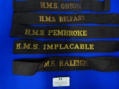 Five Post War Royal Navy Cap Tallies