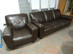 Brown Three Seat Leatherette Sofa and Matching Armchair