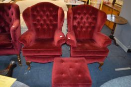 Pair of Burgundy Upholstered Wingback Armchairs