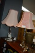 Two Chrome Table Lamp with Pink Shades