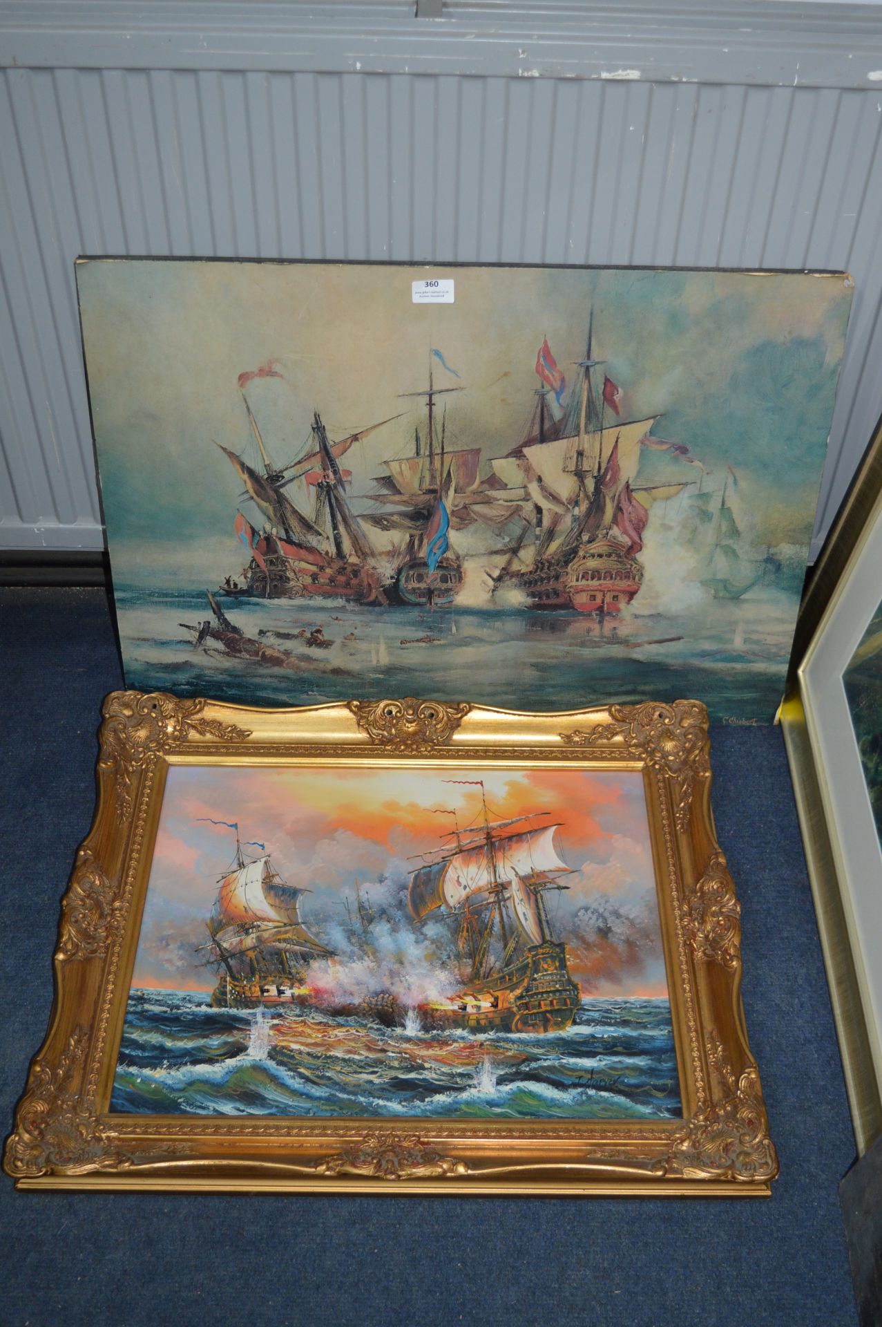 Gilt Framed Oil on Board - Fighting Ships, plus On