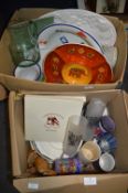 Two Boxes of Pottery Items; Mugs, Plates, Serving