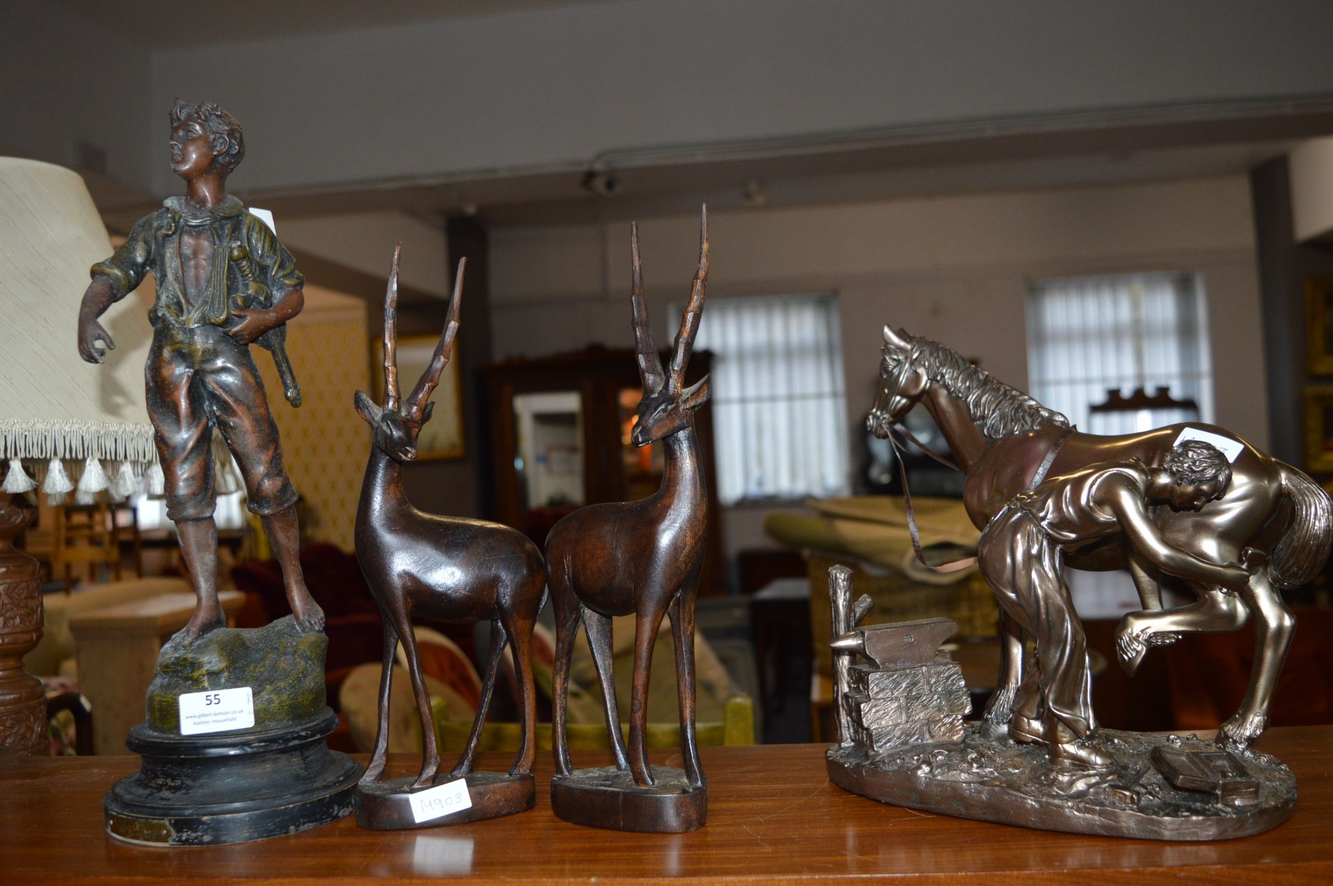 Spelter Figure of a Boy, Ethnic Wooden Antelopes,