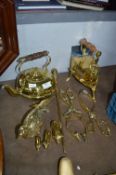 Decorative Brassware; Iron on Stand, Kettle, Pheasants, Pigs, etc.