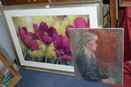 Large Floral Print and a Oil on Canvas Portrait