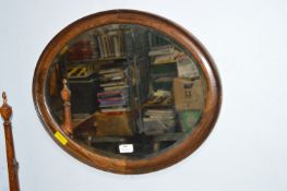 Vintage Oak Framed Beveled Edge Oval Wall Mirror