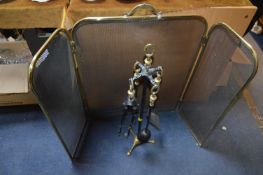 Folding Brass Fire Screen and Companion Set