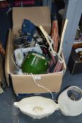 Box of Household Goods; Pottery, Table Lamp, Compa