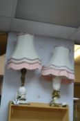 Two Onyx & Brass Table Lamps with Pink and Ivory S
