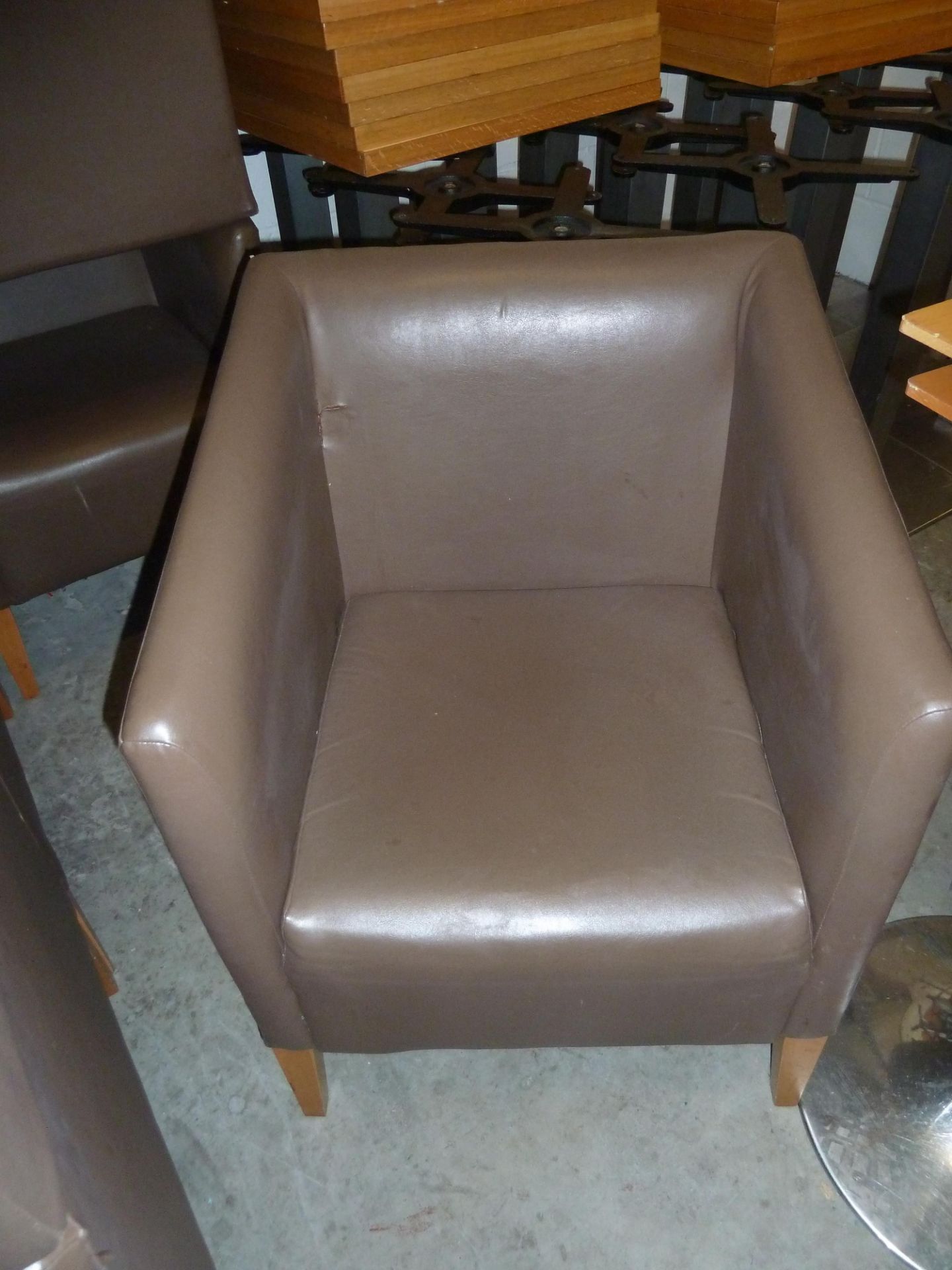 * 3 x brown leather tub chairs with wooden feet. 590w x 600d x 800h - Image 2 of 2