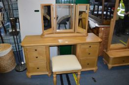 Oak Dressing Table with Triple Mirror and Stool