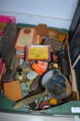 Box of Vintage Collectibles; Old Tins, Maps, Compa