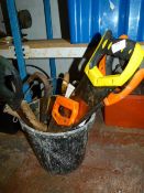 Bucket of Tools Including Saws, Crowbar, Plastering Tools, etc.