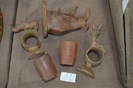 Ethnic Carved Treen Items; Rhino Head, Napkin Ring