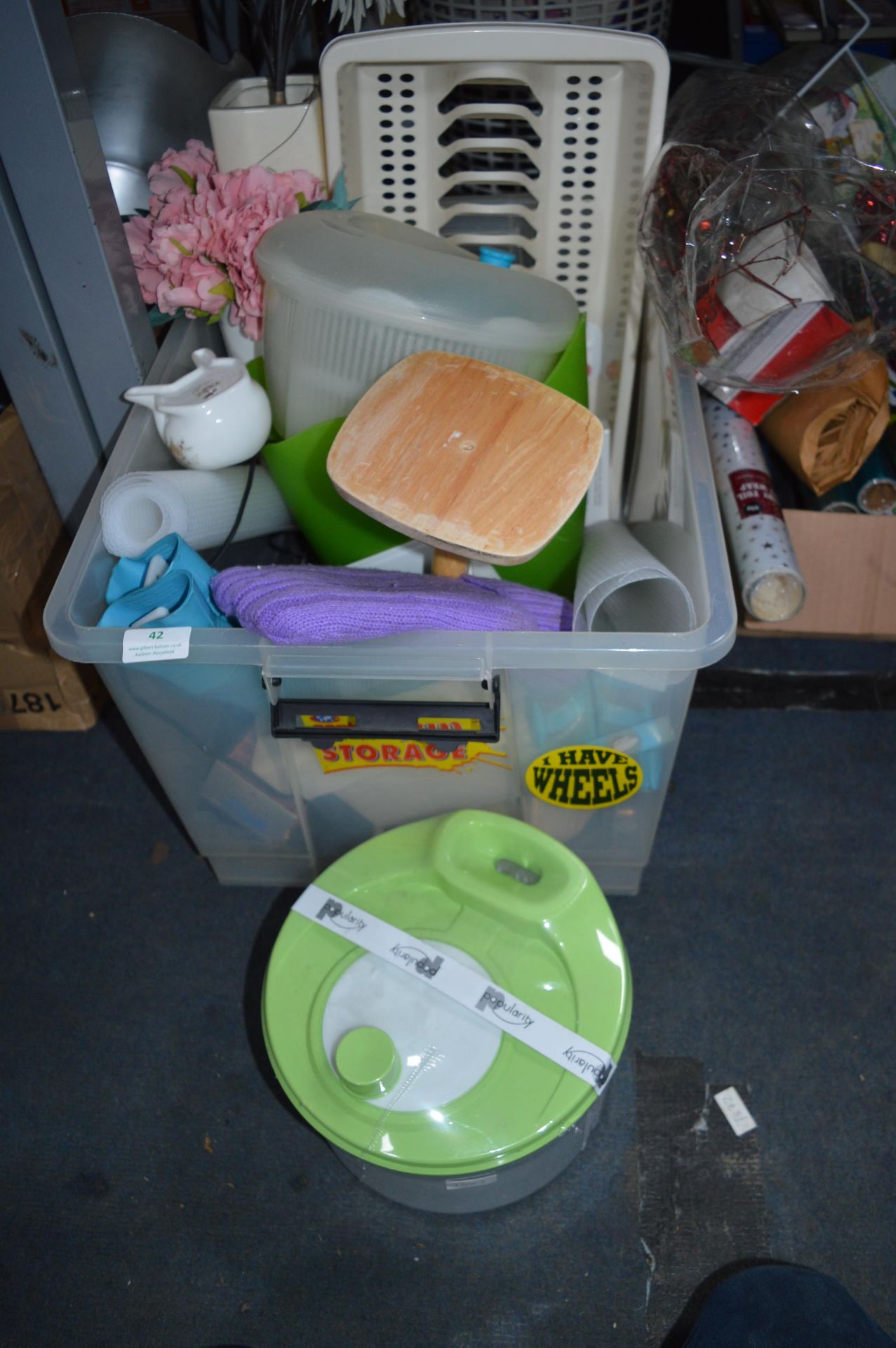 Large Storage Tub of Kitchenware, etc.