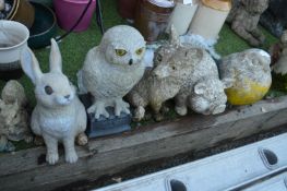 Six Plastic Garden Ornaments; Owls, Pigs, etc.