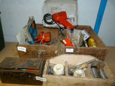 Quantity of Assorted Tools and Accessories Including Soldering Iron, Electrical Fittings, Drill Bits