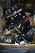 Large Box of Kitchen Utensils, Toaster, Pans, Kett