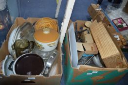 Two Boxes of Kitchenware; Scales, Casseroles, etc.