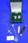 Sterling Silver Crucifix, Pendant, Penknives and C