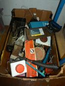 Box of Tools Including Hatchet, Assorted Tools and Accessories