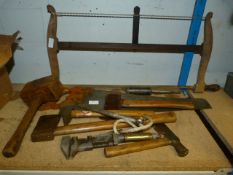Vintage Tools Including Bow Saw, Hatchets, Marlin Spike, etc.