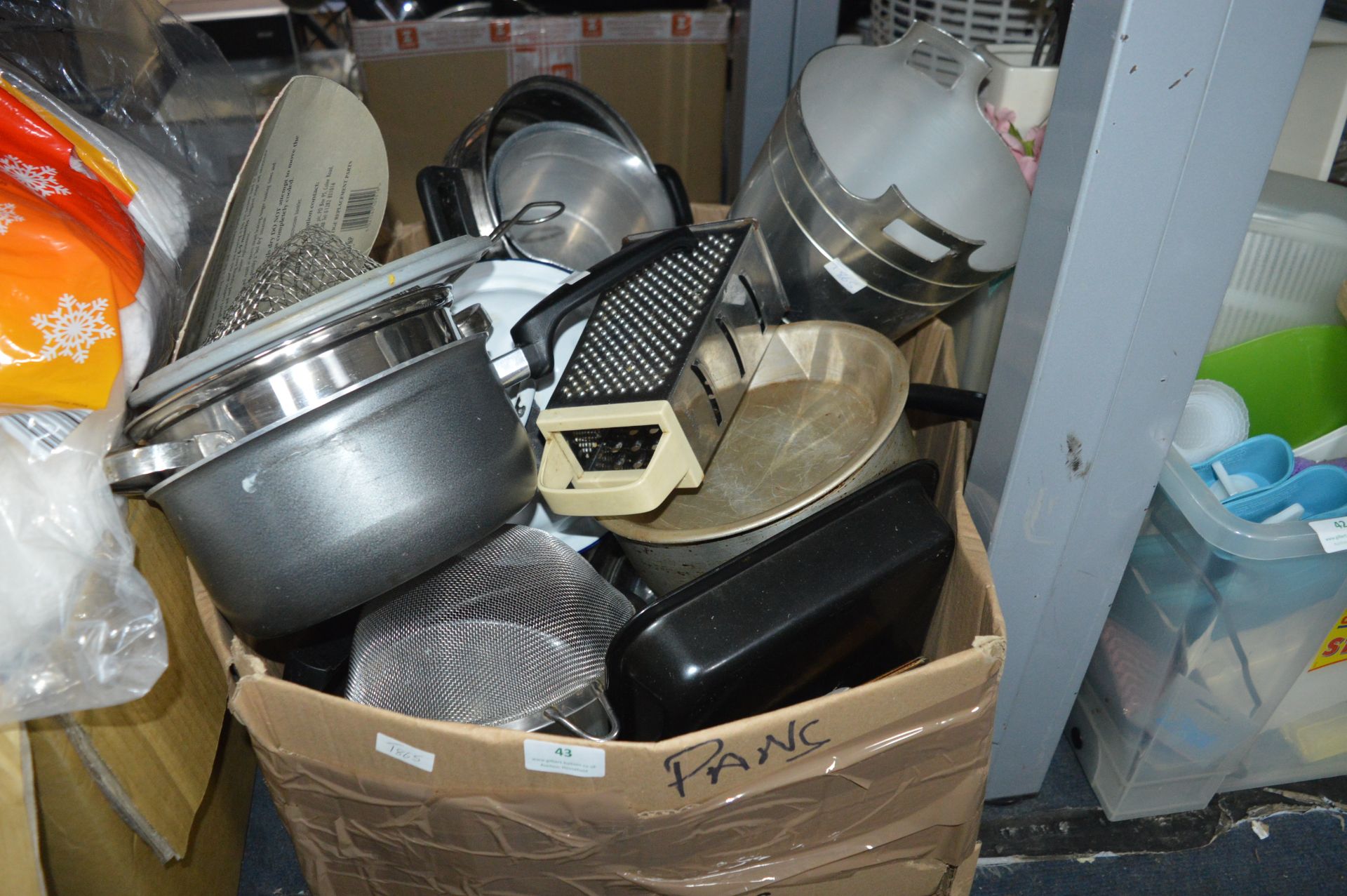 Large Box of Pans, Kitchenware, Ice Buckets, etc.