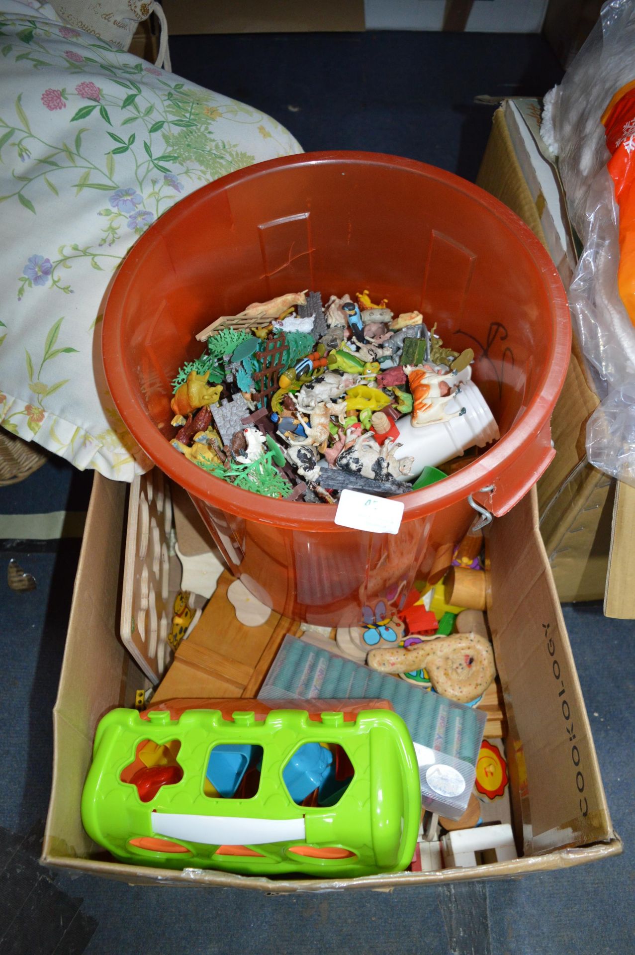 Box and Bucket of Children's Toys and Animals etc.