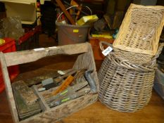 Two Baskets and a Nail Tray with Tools Including Spirit Levels, Sharpening Stone, Plane, etc.