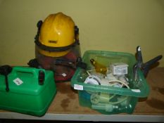 Box of Light Bulbs, Extension Lead, Draper Hardhat, and Petrol Can