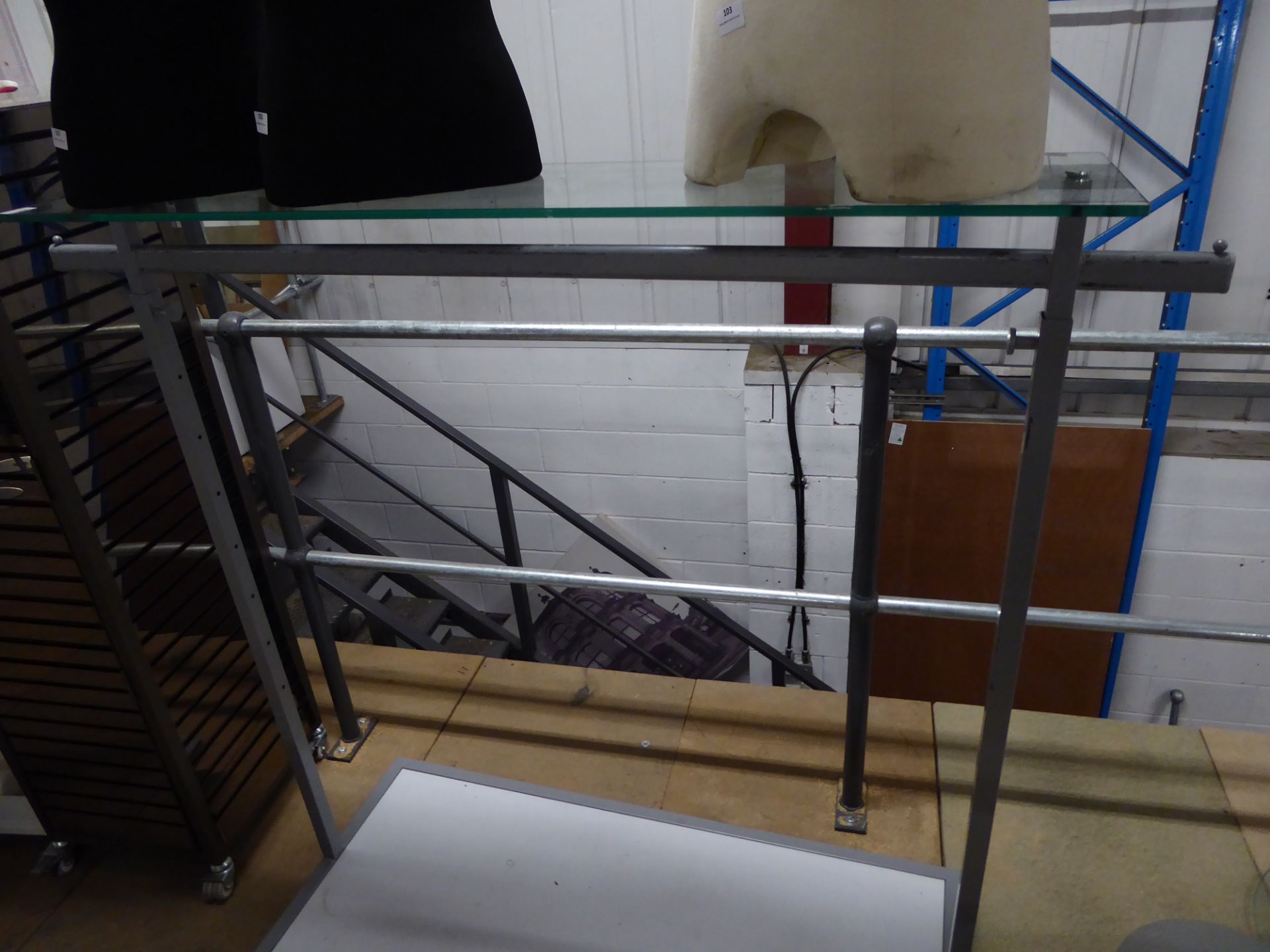 * freestanding hanging rail with glass top shelf and undershelf on castors 1500w x 550d - adjustable