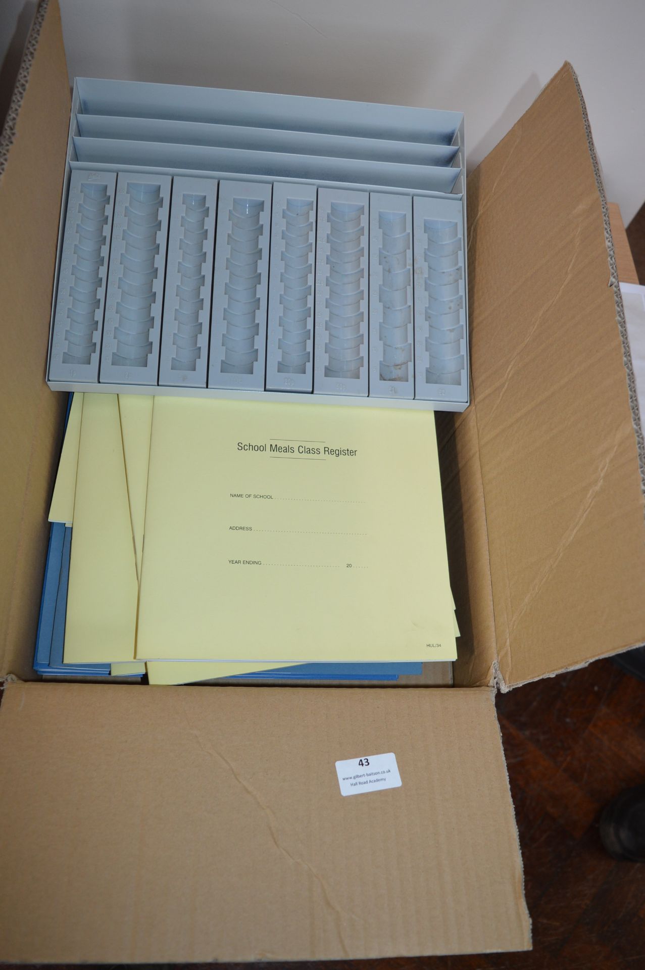 *Box of School Meals Class Register Books and a Metal Cash Tray