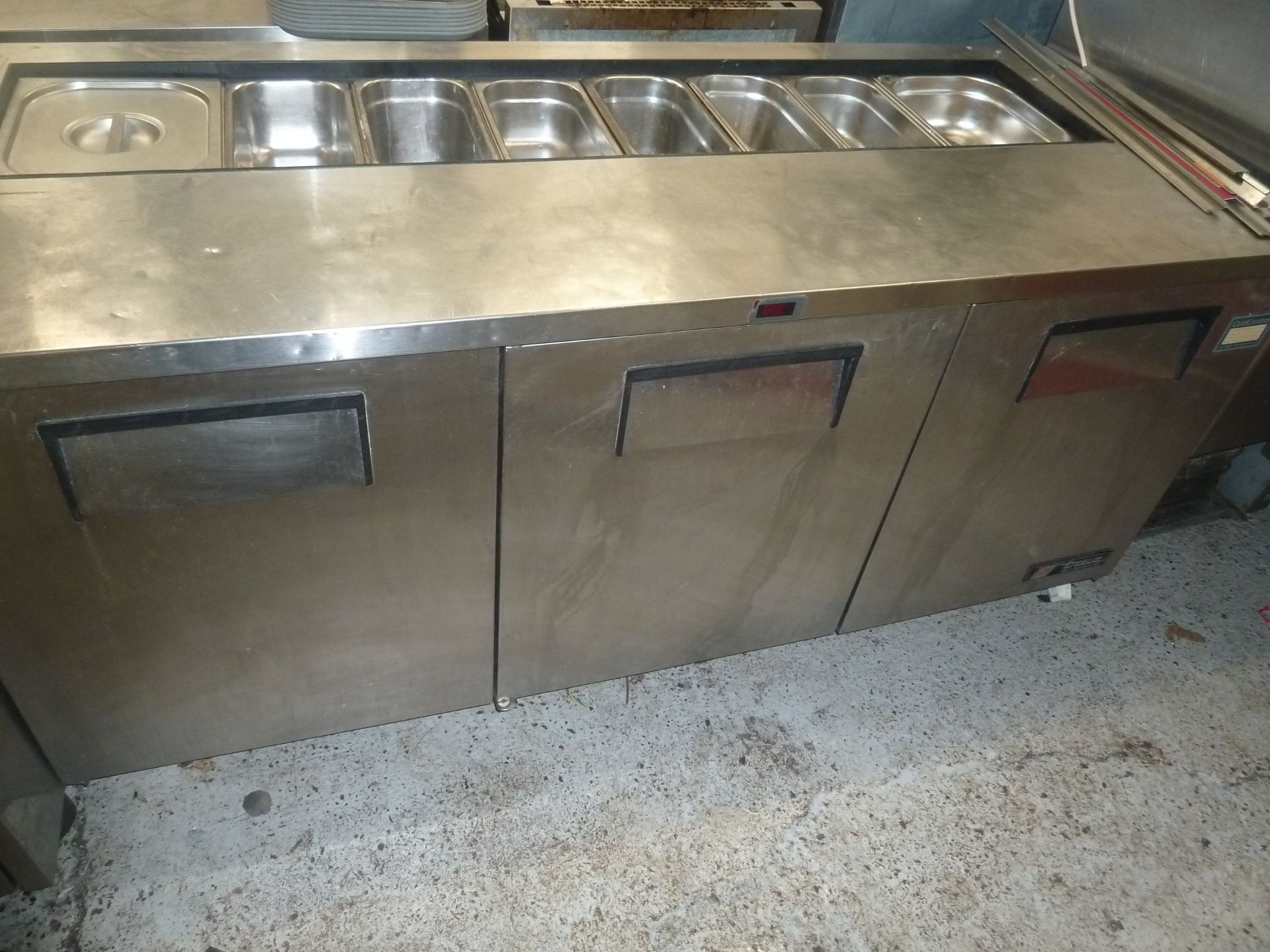 * True S/S 3 door bench chiller with pizza prep gastronome top TSSU-72-18. 1840w x 760d x 900h