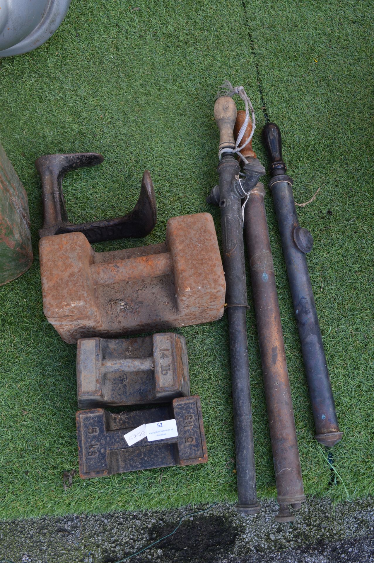 Three Large Cast Iron Weights and Three Vintage Ga