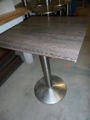 * 4 x square dark wooden tables with S/S pedestal bases. 600w x 600d x 760h