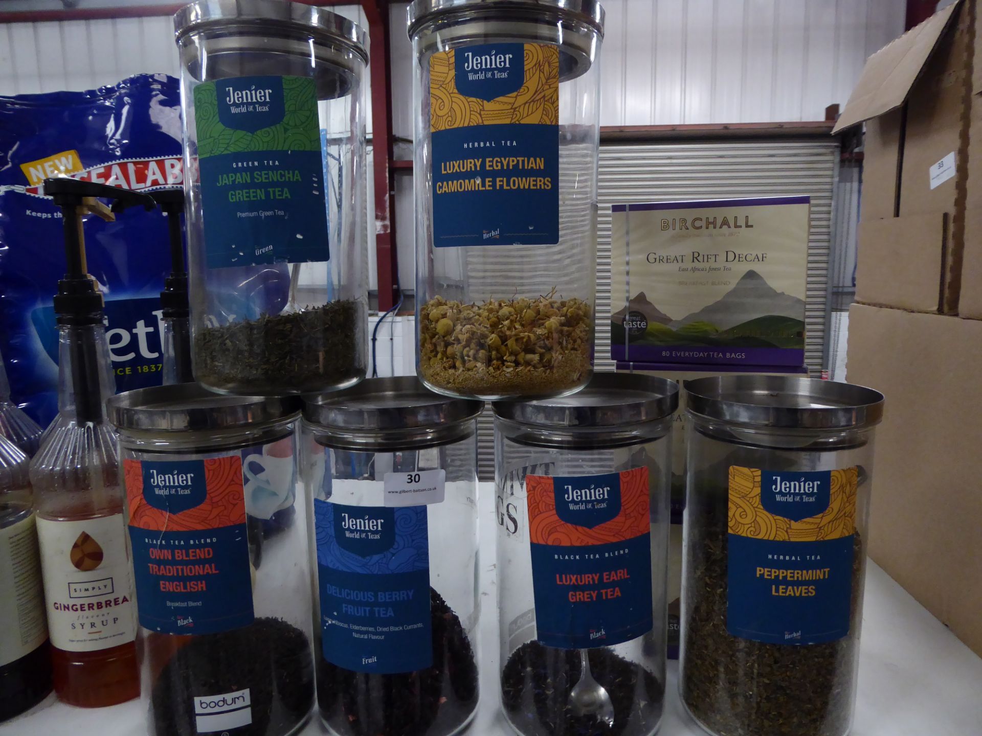 *tea selection - 6 x glass jars with loose leaf teas, part bag Tetley's tea bags, Birdcall decaf tea