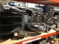 * Contents of double shelf stainless bowls buckets utensils cast iron fire pits etc Located at