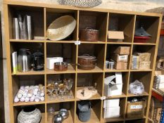 * Contents of book shelf copper pans - glasses - ceramics - glasses etc Located at Grantham, NG32