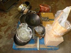 *Pallet of Assorted Pans, Glasses, Wooden Platters, etc. Located at 389-395 Anlaby Road, Hull, HU3