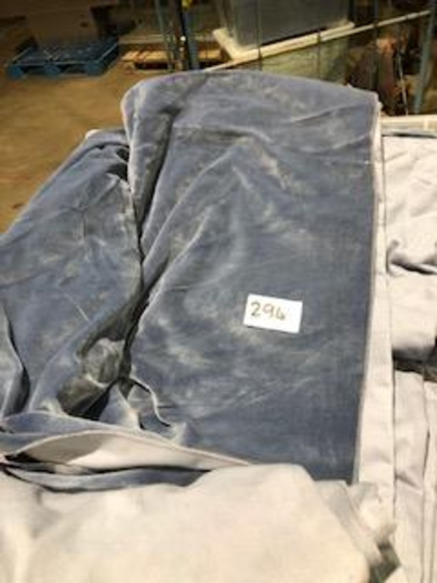 * 3 x very heavy grey blue velour table cloths 136in x 136in  in storage box Located at Grantham,