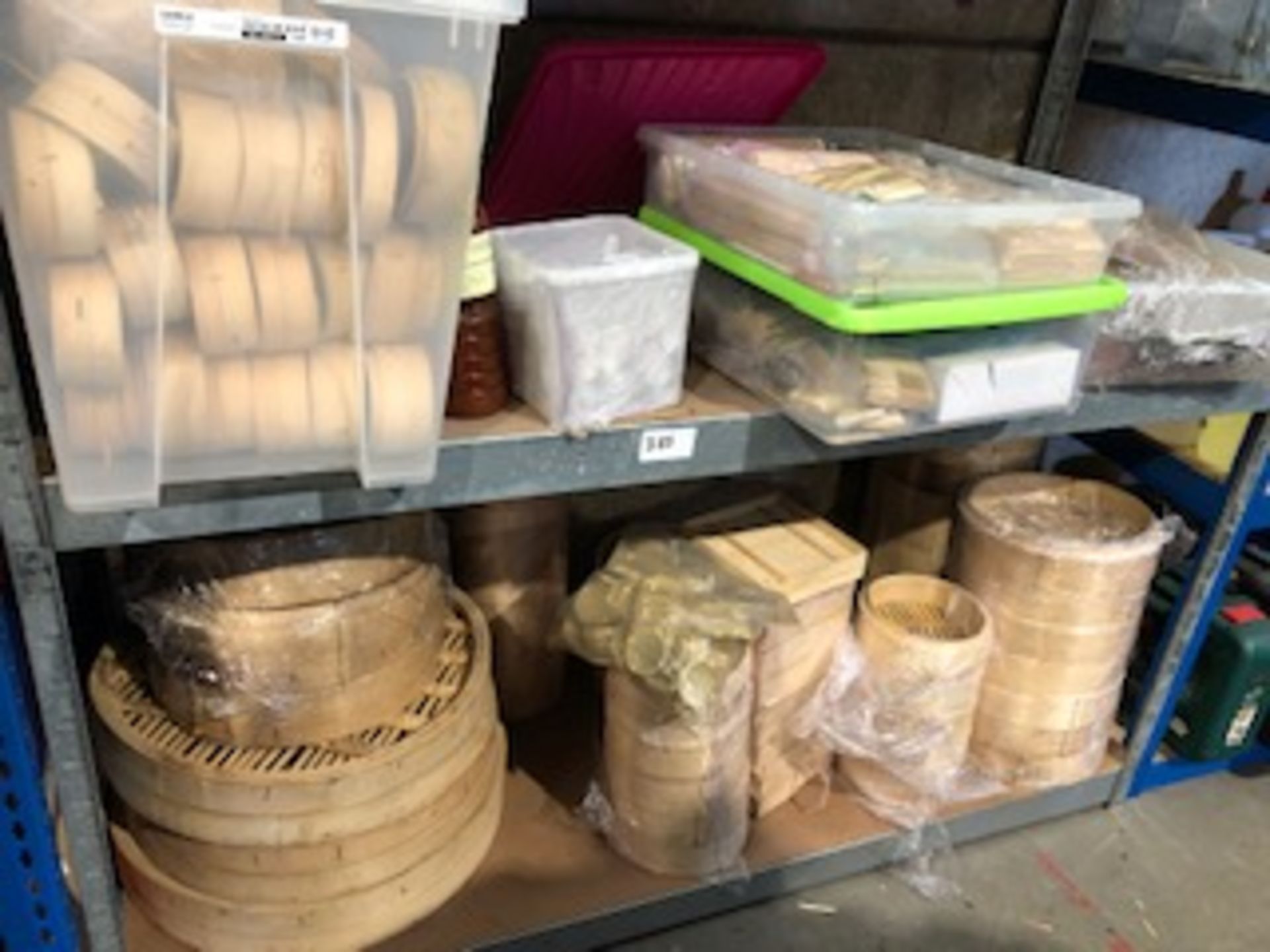 * contents of shelving all Chinese steamers spoons chopsticks etc Located at Grantham, NG32 2AG