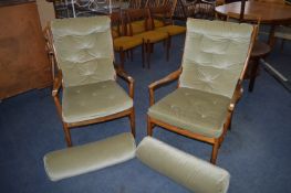 Pair of Teak Parker Knoll Easy Chairs with Green Upholstery and Bolster Cushions