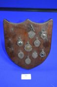 Nine Hallmarked Sterling Silver Ballroom Dancing Winner Medallions Mounted on Oak Shield