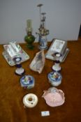 Assorted Pottery Items, Hat Pin Holder and Pins, Oil Lamp, Cheese Dishes, etc.