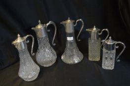 Five Glass & Silver Plate Claret Wine Jugs