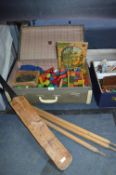 Vintage Suitcase Containing Older Toys, Cricket Set, Play Brick and Clackers