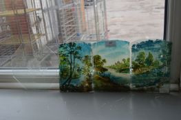 Three Victorian Painted Glass Panels Depicting a Riverside Scene